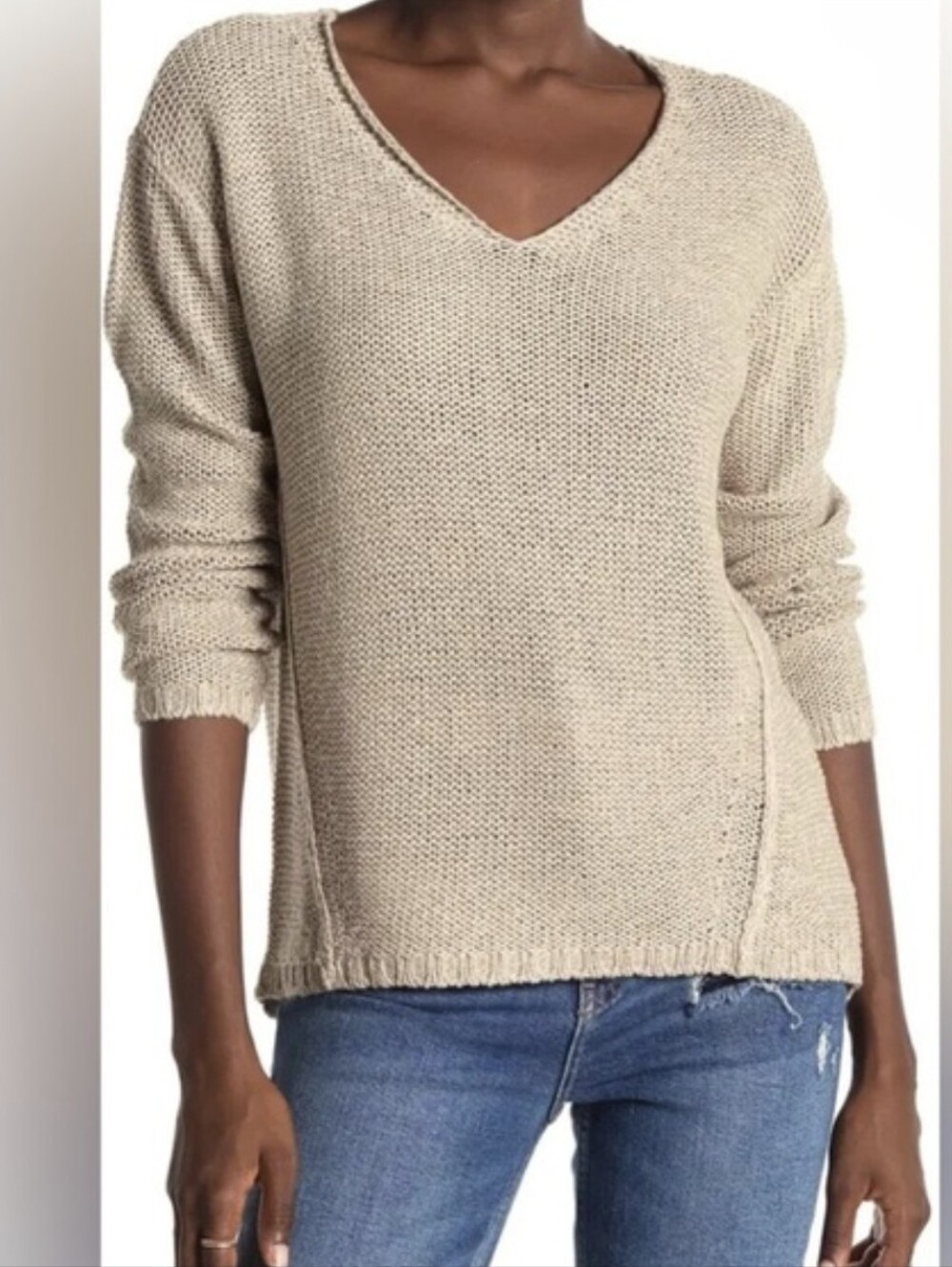 RDI Women's V-Neck Tunic Sweater in Light Tan Elbow Patch Size M NWOT